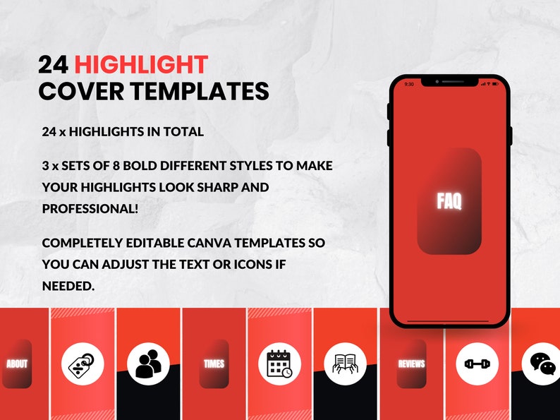 May include: A mockup of a smartphone screen displaying 24 Instagram highlight cover templates. The templates are red and black with white icons and text. The text on the screen reads "FAQ".