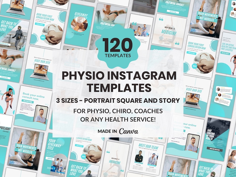 K&ouml;nnte beinhalten: Eine Sammlung von 120 Instagram-Vorlagen f&uuml;r Physiotherapeuten, Chiropraktiker, Trainer und andere Gesundheitsfachkr&auml;fte. Die Vorlagen sind in drei Gr&ouml;&szlig;en verf&uuml;gbar: Hochformat, quadratisch und Story. Sie werden in Canva erstellt und haben ein t&uuml;rkisfarbenes und wei&szlig;es Farbschema.