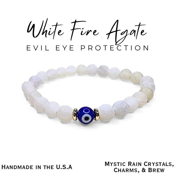 EVIL EYE bracelet -white FIRE agate- Nazar- protection bracelet- good Luck charm-  blue evil eye bead -mal de ojo bracelet- Reiki infused