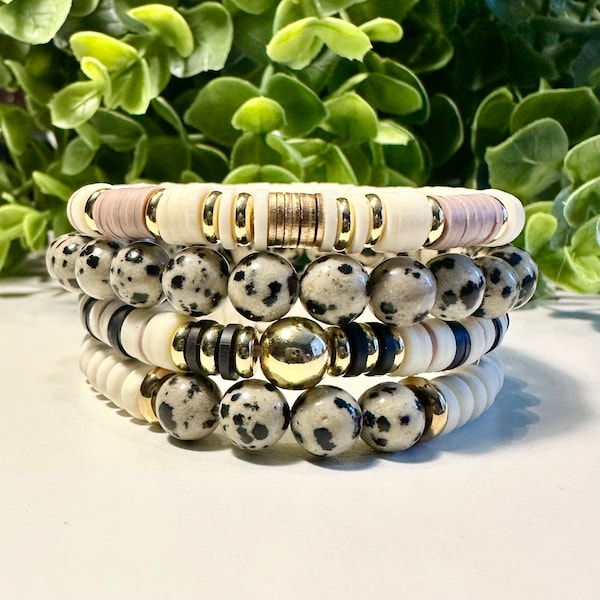 DAlMATIAN JASPER crystal heishi stack set| Boho chic jewery bracelet| gifts for her| mothers day gifts