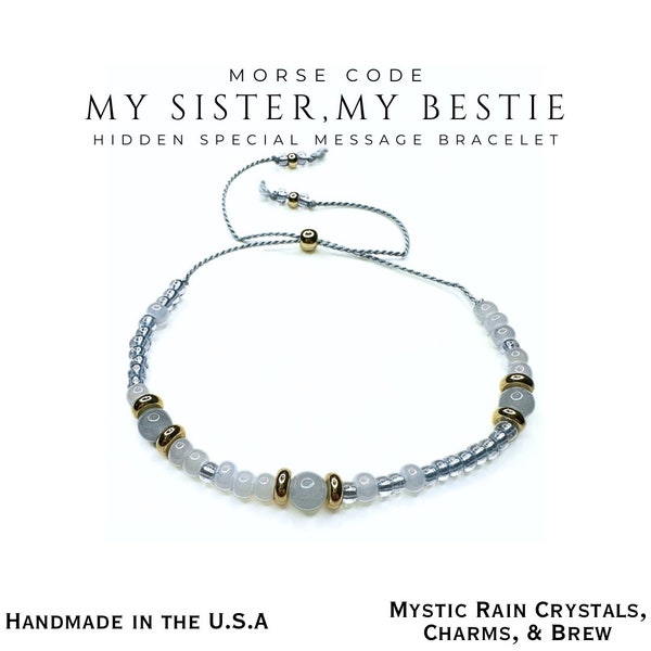 My sister my bestie Morse Code aquamarine gemstone Bracelet, Gift for her, sister Gift, Hidden Message, 24k gold plated, friendship bracelet