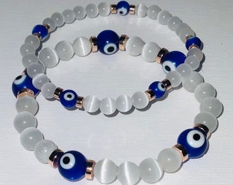 EVIL EYE protection good fortune blue glass turkish evil eye -cats eye selenite quartz bracelet-mal de ojo