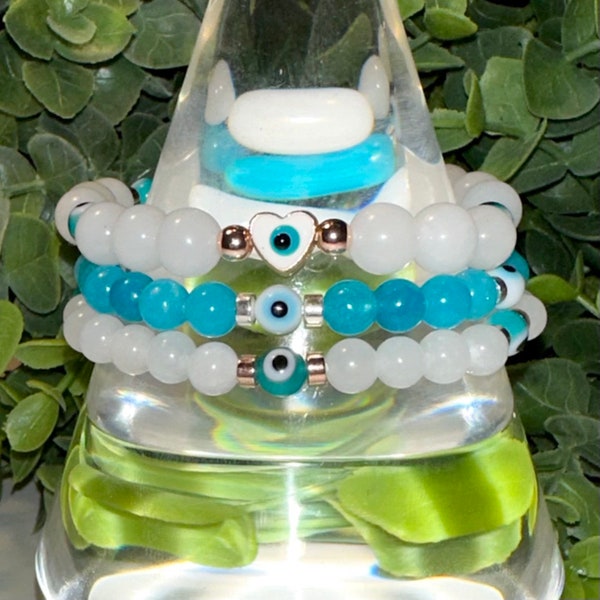 BLUE & WHITE JADE evil eye protection -good luck bracelet glass evil eye - crystal bracelet- negative energy protection -mal de ojo