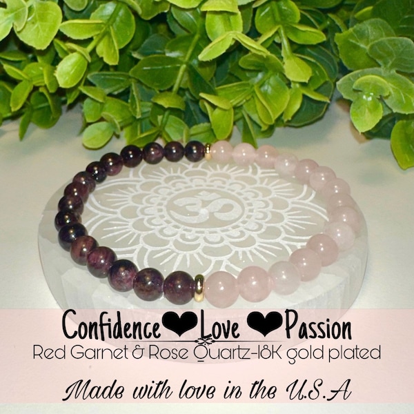 LOVE - PASSION- CONFIDENCE Rose Quartz -Red Garnet- 18k gold plated -healing energy bracelet -intention jewlery