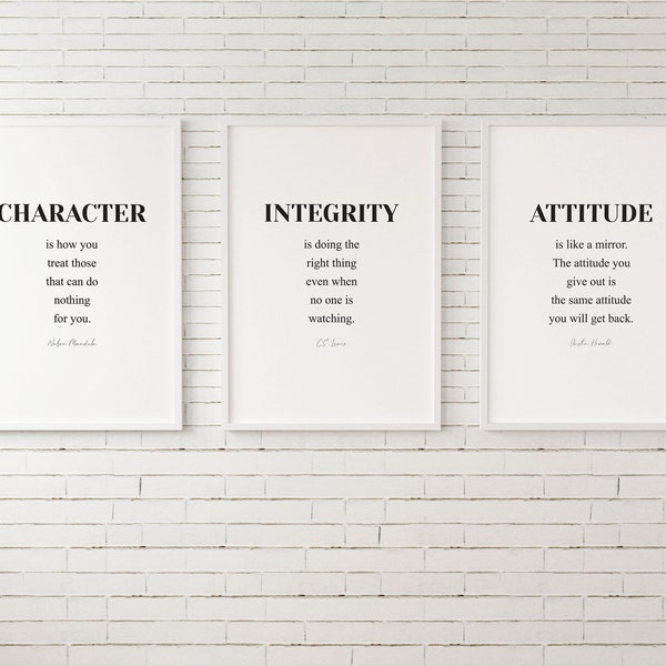 Office Prints, Integrity, Character, Attitude, Set of 3 Quotes Wall Decor, Office Wall Decor, Motivational Quotes Home Office Wall Art print