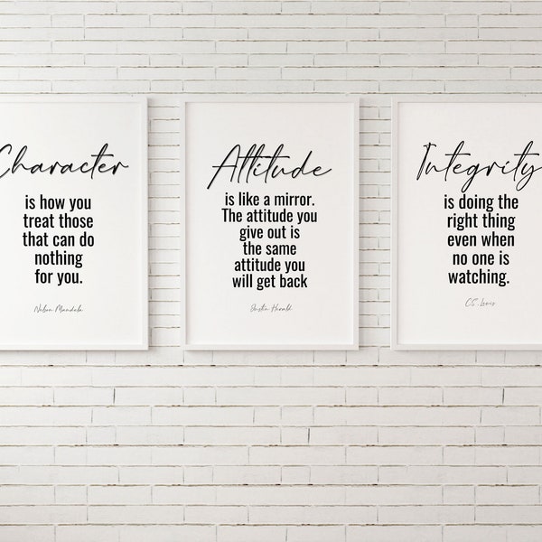 Integrity, Character, Attitude, Set of 3 Quotes Wall Decor, Office Wall Prints, Office Wall Decor, Motivational Quotes Home Office Wall Art