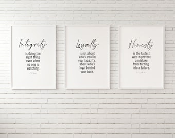 Loyalty, Honesty, Integrity, Set of 3 Quotes Wall Decor, Office Wall Prints, Office Wall Print, Motivational Quotes Home Office Wall Art