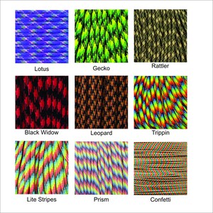 May include: Nine different patterns of paracord, including Lotus, Gecko, Rattler, Black Widow, Leopard, Trippin, Lite Stripes, Prism, and Confetti.