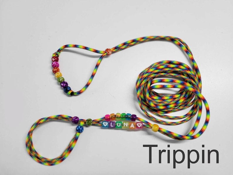 May include: Rainbow colored string with beads that spell "LUNA" with hearts on either side. The string is coiled and there is a second loop of string with beads.