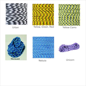 May include: Six different types of paracord, each with a unique color pattern and name: Urban, Yellow, Green, Red, Yellow Camo, Mermaid, Nebula, and Unicorn.