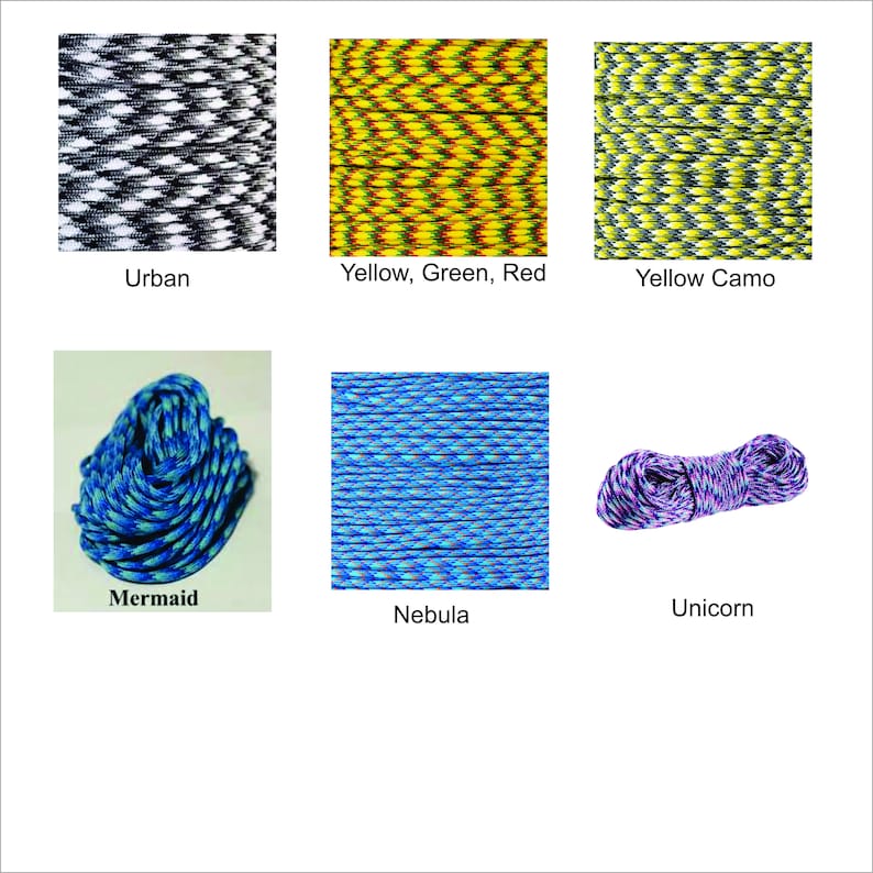 May include: Six different types of paracord, each with a unique color pattern and name: Urban, Yellow, Green, Red, Yellow Camo, Mermaid, Nebula, and Unicorn.