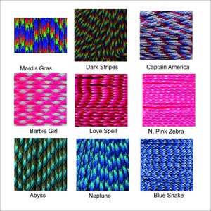May include: Nine different patterns of paracord, each with a unique color combination and design. The patterns include Mardi Gras, Dark Stripes, Captain America, Barbie Girl, Love Spell, N. Pink Zebra, Abyss, Neptune, and Blue Snake.
