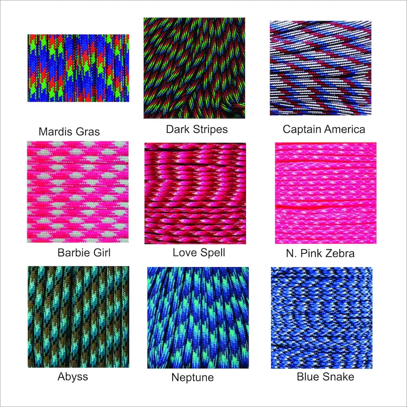 May include: Nine different patterns of paracord, each with a unique color combination and design. The patterns include Mardi Gras, Dark Stripes, Captain America, Barbie Girl, Love Spell, N. Pink Zebra, Abyss, Neptune, and Blue Snake.