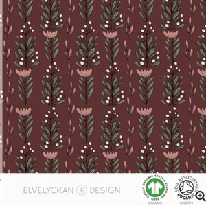 Organic Flower Fest in Wine, Jersey KNIT Fabric, Elvelyckan Designs, Fabric for kids, t-shirt fabric, Leggings, Organic GOTS Certified