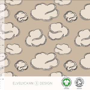 Organic Clouds in Cappuccino, Jersey KNIT Fabric, Elvelyckan Designs, Fabric for kids, t-shirt fabric, Leggings, Organic GOTS Certified