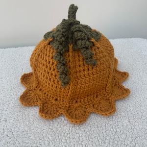 May include: A handmade crochet hat shaped like a pumpkin. The hat is mainly orange with a scalloped edge and green stem and leaves. The hat is designed to look like a pumpkin.