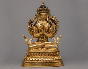 24k Gold Gilded Chenrezig Statue | Turquoise Coral Inlay, Himalayan Art