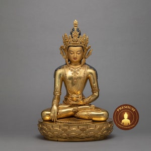 Crowned Shakyamuni Statue | Original Hand-Carved Buddhist Sculpture | Gautam Buddha Artwork | Himalayan Traditionally gilded in 24k Gold