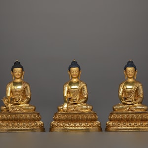 Three Buddha Statue Set | Medicine Buddha | Shakyamuni Buddha | Amitabha Buddha Sculptures | Traditional Art of Nepal | Gilded in 24K Gold