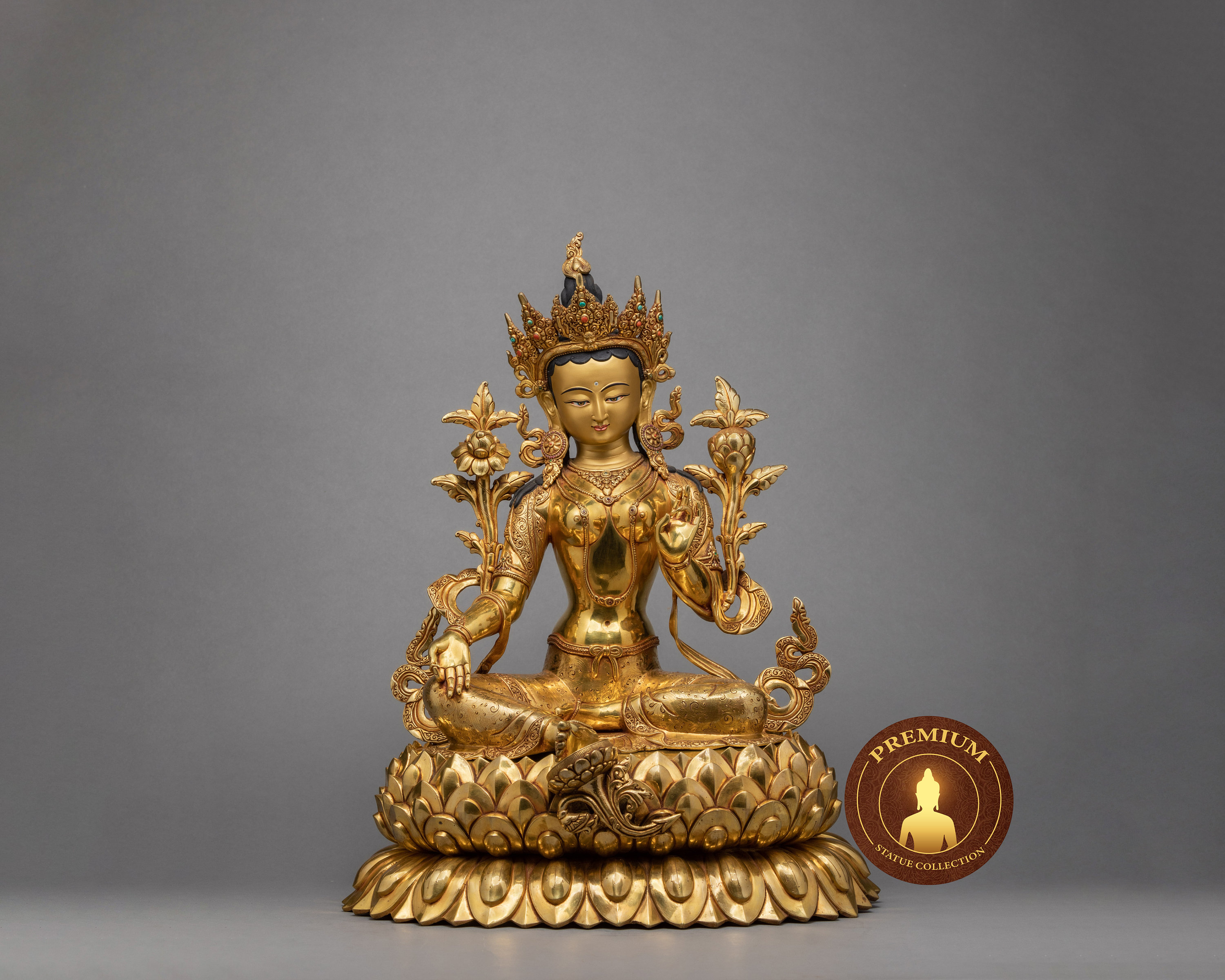 Green Tara Statue | Handmade Sculpture Of Female Buddha Bodhisattva Deity Traditionally Hand-Carved Buddhist Figure 24K Gold Gilded