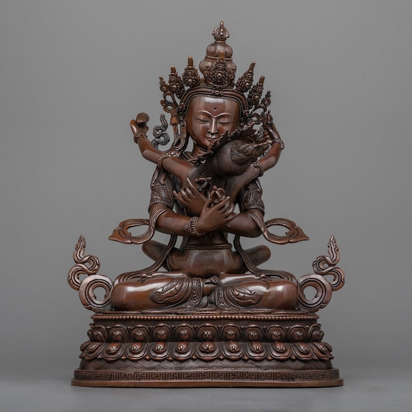 Vajradhara in Union Sculpture in Oxidized Copper - Profound Statue Symbolizing Tantric Wisdom and the Nature of Buddhahood