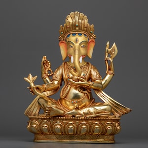 Handcrafted Ganesha Sculpture | 24k Gold Gilded with Vibrant Acrylic Paintings, Nepalese Craftsmanship, Art | Emblem of Wisdom & Prosperity