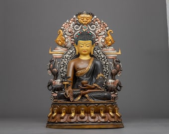 Statue of Medicine Buddha | Original Himalayan Traditionally Hand-carved Buddhist Sculpture | Doctor who cures suffering " Sangye Menla "