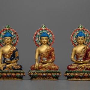 Handcrafted Set of Three Buddhas - Amitabha, Shakyamuni, Medicine Buddha, 24k Gold Gilded Sacred Statues for Meditation and Spiritual Growth