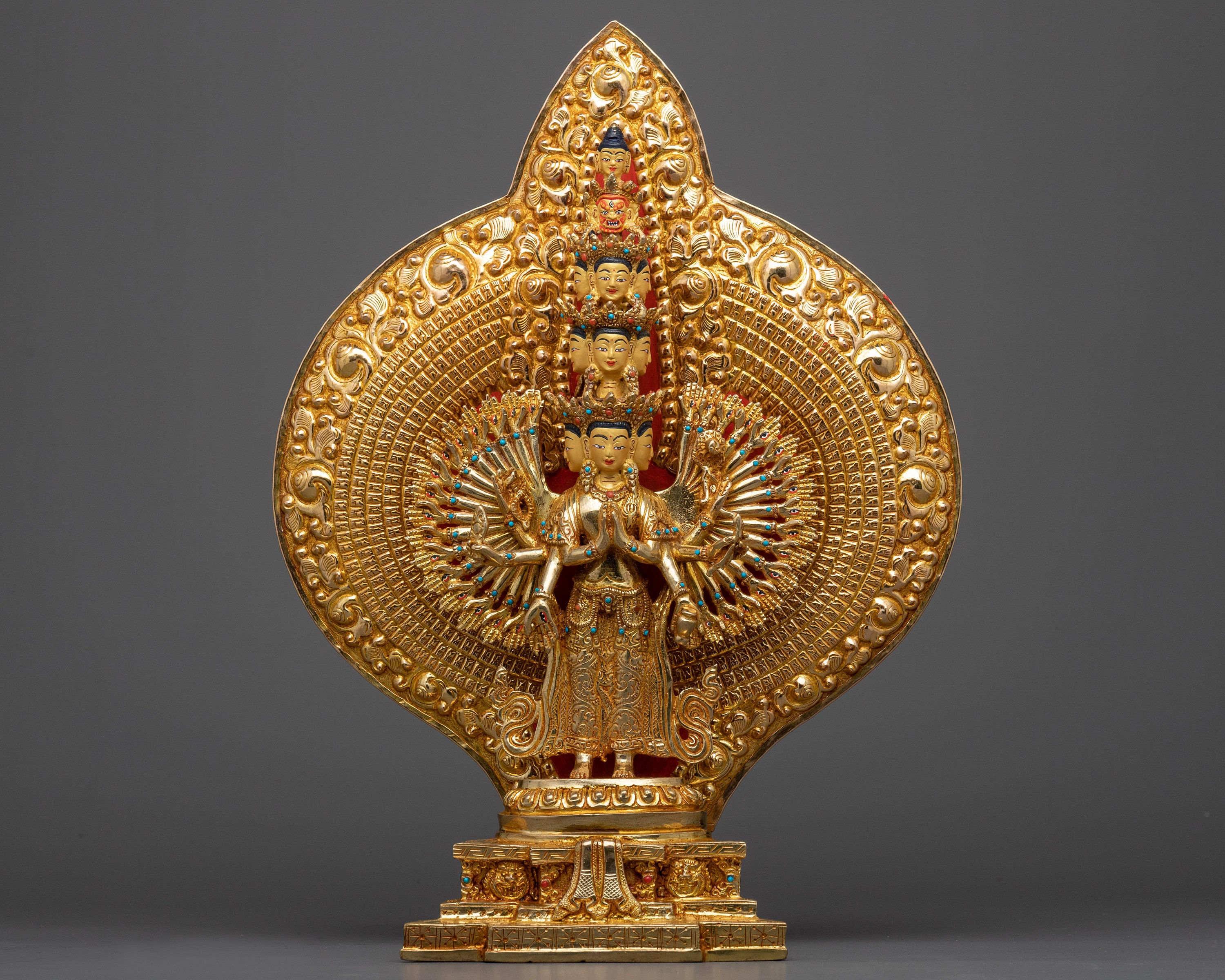 Thousand Arms Chenrezig Statue | Embodiment of Compassion | Buddhist Traditionally Crafted Sculpture of Avalokiteshvara | 24k Gold Gilded