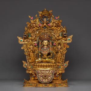 Handcrafted Majestic Gautama Buddha on Throne – Tibetan Buddhist Statue | Home Decor for Spiritual Growth and Peace | Buddhism Founder Art