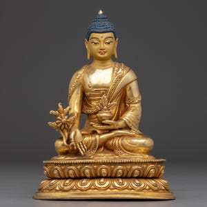 Handmade Golden Medicine Buddha Art | Spiritual Decor Figurine | Figurine for Shrine, Altar, and Dharma Decor | Sculpture Made In Nepal