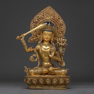 Sculpture of Tibetan Buddhist Manjushri | The Embodiment of Insight and Compassion | Figurine for Shrine, and Dharma Decor | Made in Nepal