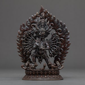 Yamantaka Statue | Yamantaka Ekavira | Traditionally Hand Carved Buddhist Sculpture | Originally Silver Plated Himalayan Art of Nepal