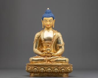Hand Carved Amitabha Buddha Statue | 24K Gold Gilded Copper Sculpture of Infinite Light | Himalayan Buddhist Altar Art