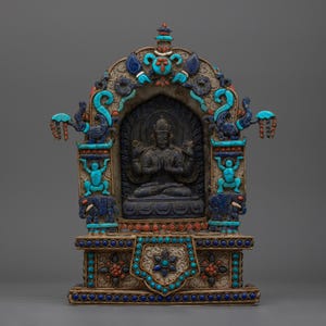 Chenrezig Stone Statue | Turquoise, Lapis, Coral, and Silver Plated Gemstone Bodhisattva of Compassion for Spiritual Decor | Tibetan Art