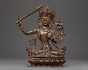 Oxidized Copper Manjushri Statue (31.5cm) | Copper Wisdom Bodhisattva | Tibetan Buddhist Altar & Meditation Decoration