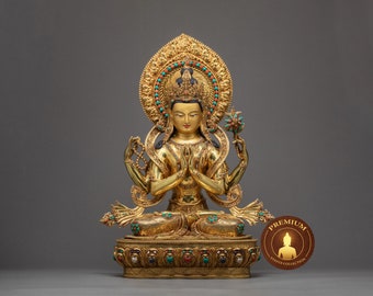 Chenrezig Statue | Original Tibetan Hand-Carved Sculpture of Avalokiteshvara | Compassionate Bodhisattva | Traditionally Gilded in 24k Gold