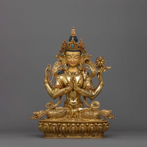 Bodhisattva Chenrezig 14.8 Inches Statue | Four Armed Avalokiteshvara for Meditation Decor | 24K Gold Gilded Artwork -Patan Artisan Craft
