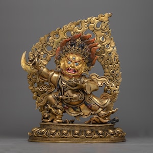 Mahakala Bernakchen Statue | A Powerful Protector in 24K Gold Gilding With Antique Finished | Himalayan Art, Made in Patan Nepal, Old Statue