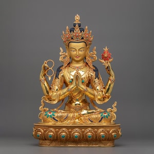 Beautiful Four Armed Chenrezig Statue | Bodhisattva Avalokiteshvara | 24K Gold Gilded with Beautiful Hand-Carved Gemstones | Made in Nepal