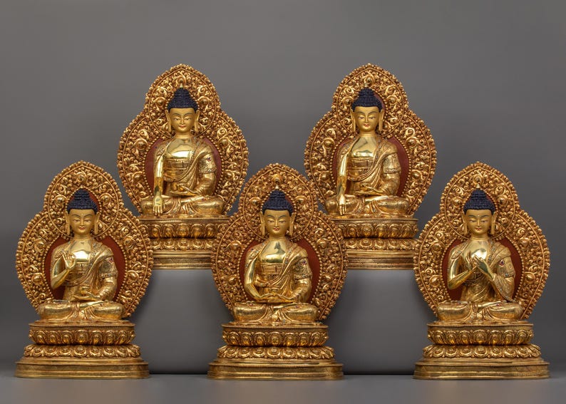 5 Buddha Set Statue, 45cm, 24K Gold Gilded.
