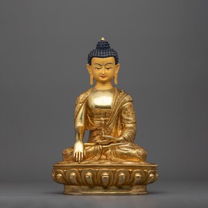 Traditionally Handcarved Mitrupa Buddha Statue | 12.8 Inch Enlightenment Figure in 24K Gold Gilded Copper Body | Sculpture Made In Nepal