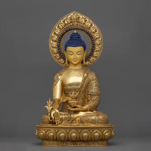 Healing Buddha Bhaisajyaguru Statue | 24K Gold Gilded Figurine for Shrine, Altar, and Dharma Decor | Spiritual Sculpture -Made In Nepal