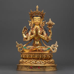Figurine of Chenrezig Buddha Seated In Double Petal Lotus Seat | 24K Gold Gilded Hand Carved Gemstone Adorned Statue | Tibetan Buddhism Art