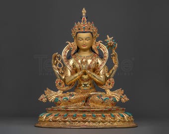 Chenrezig Statue | Tibetan Buddhist Deity of Compassion & Mercy | Handcrafted Altar Sculpture for Meditation and Spiritual Blessings