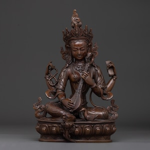 Handcrafted Serene Saraswati Statue | Tibetan Style Artwork | Hindu Goddess of Knowledge | Spiritual Decoration Statue for Wisdom and Peace