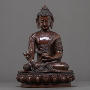 May include: A brown bronze statue of a seated Buddha with a lotus flower in his lap. The statue is on a lotus base with intricate details.