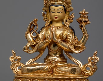 チェンレジグ仏教仏像 - 24K ゴールドとアクリル画、銅製ボディ