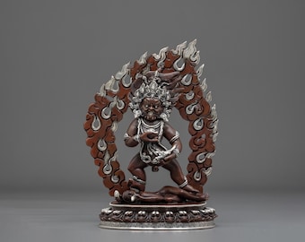 Black Dzambhala Statue | Oxidized Copper Wealth Deity with Silver Plating | 9.25 Inch Himalayan Buddhist Sculpture
