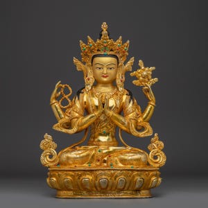 Golden Four Armed Chenrezig Sculpture | Spiritual Enlightenment | Figurine for Shrine, Altar, and Dharma Decor | Sculpture Made In Nepal